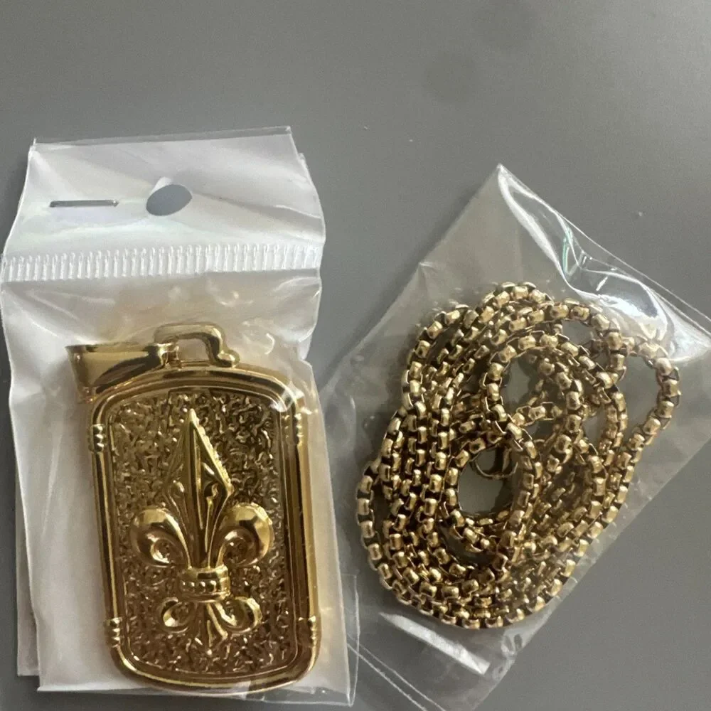 Fleur-De-Lis Gold Plated Pendant 24” Necklace Stainless Steel Dog Tag Gift